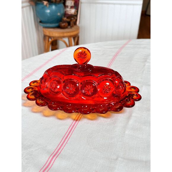 Vintage L.E. Smith Glass Moon and Stars Amberina Glass Covered Butter Dish w/Lid - Picture 1 of 6